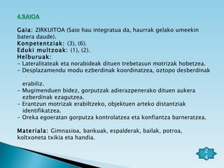 4.SAIOA   Gaia:  ZIRKUITOA (Saio hau integratua da, haurrak gelako umeekin batera daude). Konpetentziak:  (3), (6). Eduki multzoak:  (1), (2). Helburuak:  - Lateralitateak eta norabideak dituen trebetasun motrizak hobetzea. - Desplazamendu modu ezberdinak koordinatzea, oztopo desberdinak  erabiliz. - Mugimenduen bidez, gorputzak adierazpenerako dituen aukera ezberdinak ezagutzea. - Erantzun motrizak erabiltzeko, objektuen arteko distantziak identifikatzea. - Oreka egoeratan gorputza kontrolatzea eta konfiantza barneratzea.  Materiala:  Gimnasioa,   bankuak, espalderak, bailak, potroa, koltxoneta txikia eta handia.  24 