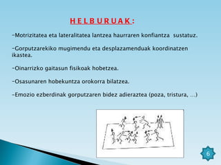 HELBURUAK : Motrizitatea eta lateralitatea lantzea haurraren konfiantza  sustatuz. Gorputzarekiko mugimendu eta desplazamenduak koordinatzen ikastea. Oinarrizko gaitasun fisikoak hobetzea. Osasunaren hobekuntza orokorra bilatzea.  -Emozio ezberdinak gorputzaren bidez adieraztea (poza, tristura, …) 6 