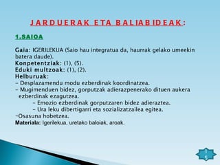 JARDUERAK ETA BALIABIDEAK : 1.SAIOA   Gaia:  IGERILEKUA (Saio hau integratua da, haurrak gelako umeekin batera daude). Konpetentziak:  (1), (5). Eduki multzoak:  (1), (2). Helburuak:   - Desplazamendu modu ezberdinak koordinatzea. - Mugimenduen bidez, gorputzak adierazpenerako dituen aukera  ezberdinak ezagutzea. - Emozio ezberdinak gorputzaren bidez adieraztea. - Ura leku dibertigarri eta sozializatzailea egitea. Osasuna hobetzea. Materiala:  Igerilekua, uretako baloiak, aroak. 15 
