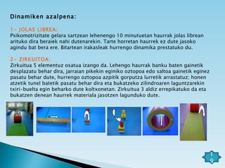 Dinamiken azalpena: 1- JOLAS LIBREA: Psikomotrizitate gelara sartzean lehenengo 10 minutuetan haurrak jolas librean arituko dira beraiek nahi dutenarekin. Tarte horretan haurrek ez dute jasoko agindu bat bera ere. Bitartean irakasleak hurrengo dinamika prestatuko du. 2- ZIRKUITOA: Zirkuitua 5 elementuz osatua izango da. Lehengo haurrak banku baten gainetik desplazatu behar dira, jarraian pikekin eginiko oztopoa edo saltoa gainetik eginez pasatu behar dute, hurrengo oztopoa azpitik gorputza lurretik arrastatuz; honen atzetik tunel batetik pasatu behar dira eta bukatzeko zilindroaren laguntzarekin txiri-buelta egin beharko dute koltxonetan. Zirkuitua 3 aldiz errepikatuko da eta bukatzen denean haurrek materiala jasotzen lagunduko dute. 19 