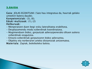 3.SAIOA   Gaia:  JOLAS EGOKITUAK ( Saio hau integratua da, haurrak gelako umeekin batera daude). Konpetentziak:  (3), (6). Eduki multzoak:  (1), (2) Helburuak:  - Menperatzen duen begi-esku lateralitatea erabiltzea. - Desplazamendu modu ezberdinak koordinatzea. - Mugimenduen bidez, gorputzak adierazpenerako dituen aukera  ezberdinak ezagutzea. - Emozio ezberdinak gorputzaren bidez adieraztea. - Objektu eta norberaren arteko distantziak antzematea. Materiala:  Zapiak, boleiboleko baloia. 21 