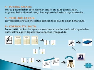 4- POTROA PASATU:   Potroa pasatu behar dute, gainean jesarri eta salto jaisterakoan. Laguntza behar dutenek froga hau egiteko irakasleak lagunduko die. 5- TXIRI-BUELTA EGIN:   Lurrean koltxoneta mehe baten gainean txiri-buelta eman behar dute. 6- KORRIKA ETA SALTO:   Eremu txiki bat korrika egin eta koltxoneta handira zutik salto egin behar dute. Saltoa egiten laguntzeko tranpolina izango dute. 26 
