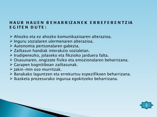HAUR HAUEN BEHARRIZANEK ERREFERENTZIA EGITEN DUTE:   Ahozko eta ez ahozko komunikazioaren alterazioa. Inguru sozialaren ulermenaren alterazioa. Autonomia pertsonalaren gabezia. Zailtasun handiak interakzio sozialetan. Irudipenezko, jolaseko eta fikzioko jarduera falta. Osasunaren, ongizate fisiko eta emozionalaren beharrizana. Garapen kognitiboan zailtasunak. Jakin-min oso murritzak. Banakako laguntzen eta errekurtsu espezifikoen beharrizana. Ikasketa prozesurako ingurua egokitzeko beharrizana. 3 