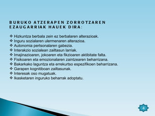 BURUKO ATZERAPEN ZORROTZAREN EZAUGARRIAK HAUEK DIRA :   Hizkuntza berbala zein ez berbalaren alterazioak. Inguru sozialaren ulermenaren alterazioa. Autonomia pertsonalaren gabezia. Interakzio sozialean zailtasun larriak. Imajinazioaren, jokoaren eta fikzioaren aktibitate falta. Fisikoaren eta emozionalaren zaintzearen beharrizana. Bakarkako laguntza eta errekurtso espezifikoen beharrizana. Garapen kognitiboan zailtasunak. Interesak oso mugatuak. Ikasketaren inguruko beharrak adoptatu. 4 