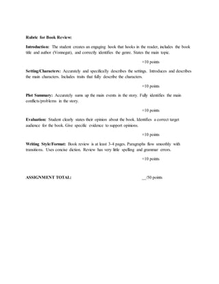 Rubric for Book Review:
Introduction: The student creates an engaging hook that hooks in the reader, includes the book
title and author (Vonnegut), and correctly identifies the genre. States the main topic.
+10 points
Setting/Characters: Accurately and specifically describes the settings. Introduces and describes
the main characters. Includes traits that fully describe the characters.
+10 points
Plot Summary: Accurately sums up the main events in the story. Fully identifies the main
conflicts/problems in the story.
+10 points
Evaluation: Student clearly states their opinion about the book. Identifies a correct target
audience for the book. Give specific evidence to support opinions.
+10 points
Writing Style/Format: Book review is at least 3-4 pages. Paragraphs flow smoothly with
transitions. Uses concise diction. Review has very little spelling and grammar errors.
+10 points
ASSIGNMENT TOTAL: __/50 points
 