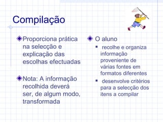 Compilação
Proporciona prática
na selecção e
explicação das
escolhas efectuadas
Nota: A informação
recolhida deverá
ser, de algum modo,
transformada
O aluno
 recolhe e organiza
informação
proveniente de
várias fontes em
formatos diferentes
 desenvolve critérios
para a selecção dos
itens a compilar
 