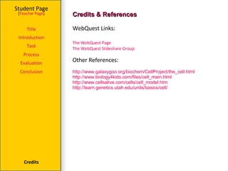 Credits & References Student Page Title Introduction Task Process Evaluation Conclusion Credits [ Teacher Page ] WebQuest Links: The WebQuest Page  The WebQuest Slideshare Group Other References: http://www.galaxygoo.org/biochem/CellProject/the_cell.html http://www.biology4kids.com/files/cell_main.html http://www.cellsalive.com/cells/cell_model.htm http://learn.genetics.utah.edu/units/basics/cell/ 