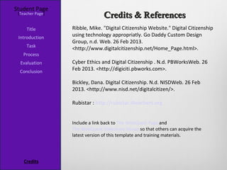 Student Page
 [Teacher Page]
                                Credits & References
     Title        Ribble, Mike. "Digital Citizenship Website." Digital Citizenship
 Introduction     using technology appropriatly. Go Daddy Custom Design
                  Group, n.d. Web. 26 Feb 2013.
     Task
                  <http://www.digitalcitizenship.net/Home_Page.html>.
   Process
  Evaluation      Cyber Ethics and Digital Citizenship . N.d. PBWorksWeb. 26
  Conclusion      Feb 2013. <http://digiciti.pbworks.com>.

                  Bickley, Dana. Digital Citizenship. N.d. NISDWeb. 26 Feb
                  2013. <http://www.nisd.net/digitalcitizen/>.

                  Rubistar : http://rubistar.4teachers.org


                  Include a link back to The WebQuest Page and
                  The WebQuest Slideshare Group so that others can acquire the
                  latest version of this template and training materials.




    Credits
 