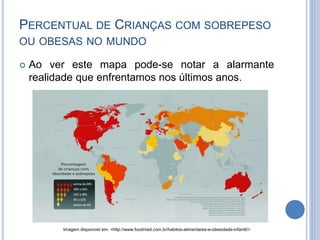 PERCENTUAL DE CRIANÇAS COM SOBREPESO
OU OBESAS NO MUNDO
 Ao ver este mapa pode-se notar a alarmante
realidade que enfrentamos nos últimos anos.
Imagem disponível em: <http://www.foodmed.com.br/habitos-alimentares-e-obesidade-infantil/>
 