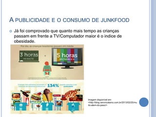 A PUBLICIDADE E O CONSUMO DE JUNKFOOD
 Já foi comprovado que quanto mais tempo as crianças
passam em frente a TV/Computador maior é o indice de
obesidade.
Imagem disponível em:
<http://blog.veronicalaino.com.br/2013/02/25/mu
ito-alem-do-peso/>
 