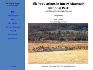 Elk Populations in Rocky Mountain National Park Student Page Title Introduction Task Process Evaluation Conclusion Credits [ Teacher Page ] A WebQuest for 8th Grade (Science) Designed by Jean R. Duer  [email_address] Based on a template from  The  WebQuest  Page Do your Research Pick a Role  