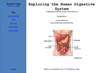 Exploring the Human Digestive System Student Page Title Introduction Task Process Evaluation Conclusion Credits [ Teacher Page ] A WebQuest for 9th Grade (Life Schence) Designed by Justin Anderson [email_address] Based on a template from  The  WebQuest  Page 