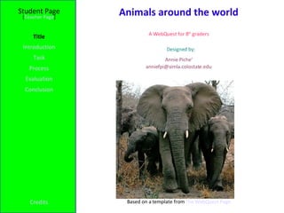 Student Page Title Introduction Task Process Evaluation Conclusion Credits [ Teacher Page ] A WebQuest for 8 th  graders Designed by: Annie Piche' [email_address] Based on a template from  The WebQuest Page Animals around the world 