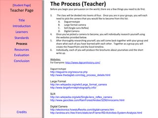 The Process (Teacher) [ Student Page ] Title Introduction Learners Standards Process Resources Credits Teacher Page Evaluation Conclusion Before you begin your persuasion on the world, there are a few things you need to do first. The class will be divided into teams of four.  Once you are in your groups, you will each need to pick the camera that you would like to become from this list: Daguerreotype Large format camera SLR (Single-Lens Reflex) Digital Camera Once you've picked a camera to become, you will individually research yourself using the websites provided below. After thoroughly researching yourself, you will come back together with your group and share what each of you have learned with each other.  Together as a group you will create the PowerPoint and the Excel timeline. Individually, each of you will produce the brochures about yourselves and the short write up. Websites: For Everyone:  http://www.digicamhistory.com/ Daguerreotype http://daguerre.org/resource.php http://www.thedaglab.com/dag_process_details.html Large Format http://en.wikipedia.org/wiki/Large_format_camera http://www.largeformatphotography.info/ SLR http://en.wikipedia.org/wiki/Single-lens_reflex_camera http://www.geocities.com/RainForest/Andes/3256/innocams.html Digital Camera http://electronics.howstuffworks.com/digital-camera.htm http://andrea.eric.free.fr/eric/static/en/Frame-RD-Activities-System-Analysis.html 