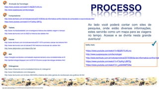 Ao lado você poderá contar com sites de
pesquisa, onde estão diversas informações,
estes servirão como um mapa para as viagens
no tempo. Acesse e se divirta nesta grande
aventura!
Saiba mais:
•https://www.youtube.com/watch?v=BjQ8VYLWLmc
•http://www.suapesquisa.com/tecnologia/
•http://www.techtudo.com.br/noticias/noticia/2014/08/dia-da-informatica-confira-histo
•https://www.youtube.com/watch?v=F3qWg1JBPZg
•https://www.youtube.com/watch?v=_pdSAN6PO6w
Evolução da Tecnologia
https://www.youtube.com/watch?v=BjQ8VYLWLmc
http://www.suapesquisa.com/tecnologia/
Computadores
http://www.techtudo.com.br/noticias/noticia/2014/08/dia-da-informatica-confira-historia-do-computador-e-sua-evolucao.html
https://www.youtube.com/watch?v=F3qWg1JBPZg
Tablets
http://www.mundodostablets.com.br/artigos/a-historia-dos-tablets-viagem-o-tempo/
http://www.tecmundo.com.br/3624-a-historia-dos-tablets.htm
Celular
http://www.techtudo.com.br/noticias/noticia/2011/07/o-primeiro-celular-da-historia.html
http://www.tecmundo.com.br/celular/2140-historia-a-evolucao-do-celular.htm
http://www.dailymotion.com/video/x35z1wk
Wifi
https://newglob.wordpress.com/sabado-especial-sempre-uma-novidade/redes-wi-fi/
http://ghztecnologia.blogspot.com.br/2010/12/como-surgio-tecnologia-wireless.html
Videogames
http://www.infoescola.com/curiosidades/historia-do-videogame/
http://www.historiadetudo.com/videogame
http://www.tecmundo.com.br/xbox-360/3236-a-historia-dos-video-games-do-osciloscopio-aos-graficos-3d.htm
http://www.cidademarketing.com.br/2009/blog/mercadologia/236/instituto-claro-lana-cartilha-
 