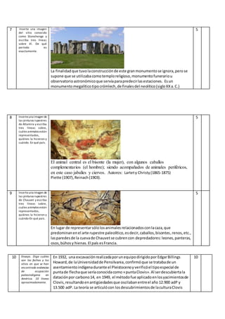 7 Inserte una imagen
del sitio conocido
como Stonehenge y
escriba tres líneas
sobre él. De qué
período es
exactamente.
La finalidadque tuvolaconstrucciónde este granmonumentose ignora,perose
supone que se utilizabacomotemploreligioso,monumentofunerariou
observatorio astronómicoque servíaparapredecirlasestaciones. Esun
monumento megalíticotipocrómlech,de finalesdel neolítico(sigloXXa.C.)
5
8 Inserteuna imagen de
las pinturas rupestres
de Altamira y escriba
tres líneas sobre,
cuáles animales están
representados,
quiénes la hicieron y
cuándo. En qué país.
El animal central es el bisonte (la mujer), con algunos caballos
complementarios (el hombre); siendo acompañados de animales periféricos,
en este caso jabalíes y ciervos. Autores: Lartety Christy(1865-1875)
Piette (1907),Reinach(1903).
5
9 Inserteuna imagen de
las pinturas rupestres
de Chauvet y escriba
tres líneas sobre,
cuáles animales están
representados,
quiénes la hicieron y
cuándo-En qué país.
En lugar de representarsólolosanimales relacionadosconlacaza,que
predominanenel arte rupestre paleolítico,esdecir,caballos,bisontes,renos,etc.,
lasparedesde la cuevade Chauvetse cubrencon depredadores:leones,panteras,
osos,búhosy hienas. El país esFrancia.
5
10 Ensayo. Diga cuáles
son las fechas y los
sitios en que se han
encontrado evidencias
de ocupación
paleoindígena en
América. 10 líneas
aproximadamente.
En 1932, una excavaciónrealizadaporunequipodirigidopor EdgarBillings
Howard,de laUniversidadde Pensilvania,confirmóque se tratabade un
asentamientoindígenadurante el Pleistocenoyverificóel tipoespecial de
puntade flechaque seríaconocidacomo «puntaClovis».Al serdescubiertala
dataciónpor carbono14, en 1949, el métodofue aplicadoenlosyacimientosde
Clovis,resultandoenantigüedadesque oscilabanentreel año 12.900 adP y
13.500 adP. La teoría se articulócon losdescubrimientosde laculturaClovis
10
 