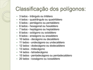 Classificação dos polígonos:3 lados - triângulo ou trilátero 4 lados - quadrângulo ou quadrilátero 5 lados - pentágono ou pentalátero 6 lados - hexagonal ou hexalátero 7 lados - heptágono ou heptalátero 8 lados - octógono ou octolátero 9 lados - eneágono ou enealátero 10 lados - decágono ou decalátero 11 lados - undecágono ou undecalátero 12 lados - dodecágono ou dodecalátero 13 lados - tridecágono 14 lados - tetradecágono 15 lados - pentadecágono ou pentadecalátero 20 lados - icoságono ou icosalátero 