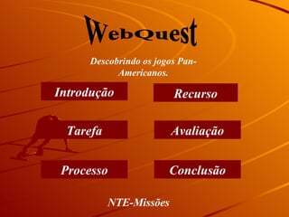 WebQuest Introdução Tarefa Processo Recurso Avaliação Conclusão Descobrindo os jogos Pan-Americanos. NTE-Missões 