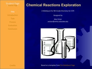 Chemical Reactions Exploration Student Page Title Introduction Task Process Evaluation Conclusion Credits [ Teacher Page ] A WebQuest for 9th Grade Chemistry for ICPE Designed by Alex Victor [email_address] Based on a template from  The WebQuest Page 