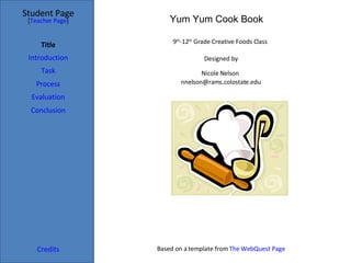 Student Page Title Introduction Task Process Evaluation Conclusion Credits [ Teacher Page ] 9 th -12 th  Grade Creative Foods Class  Designed by Nicole Nelson  [email_address] Based on a template from  The WebQuest Page Yum Yum Cook Book  