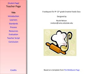 [ Student Page ] Title Introduction Learners Standards Process Resources Credits Teacher Page A webquest for 9 th -12 th  grade Creative Foods Class  Designed by Nicole Nelson  [email_address] Based on a template from  The WebQuest Page Evaluation Teacher Script Conclusion 
