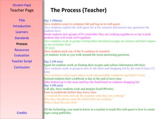 The Process (Teacher) [ Student Page ] Title Introduction Learners Standards Process Resources Credits Teacher Page Evaluation Teacher Script Conclusion Day 1 (90min) Have students come to computer lab and log on to web quest. Have students explore the web quest for a few minutes and answer any questions the students have  Break students into groups of 4 ( remember they are cooking together to so try to pick students that will work well together)  Have students work in groups writing their introduction page on cultures and their impact on our everyday food.  (45 min) Have students pick one of the 4 countries to research Let students work as you walk around the room answering questions.   Day 2 (90 min) Again let students work on finding their recipes and culture information (60 min) Have students work in group to turn in lab sheet and shopping list by the end of class (15 min) Have students collect each others work and assemble cookbook together(15 min) Remind students their cookbook is due at the end of next class After School go to the store and buy the food listed on students shopping list  Day 3 (90 min) Lab day, have students cook and prepare food (90 min) Turn in cookbooks before they leave class  Go around the room and ask the students what they are cooking?  Why they decided to cook the dishes they are cooking? What is their favorite dish?   All the technology you need to know as a teacher to teach this web quest is how to create pages using publisher.    
