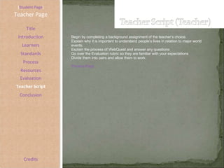 [ Student Page ] Title Introduction Learners Standards Process Resources Credits Teacher Page Begin by completing a background assignment of the teacher’s choice. Explain why it is important to understand people’s lives in relation to major world events. Explain the process of WebQuest and answer any questions Go over the Evaluation rubric so they are familiar with your expectations Divide them into pairs and allow them to work.  Process Page Evaluation Teacher Script Conclusion 