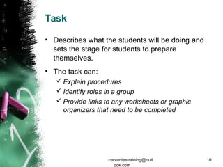 Task
• Describes what the students will be doing and
sets the stage for students to prepare
themselves.
• The task can:
 Explain procedures
 Identify roles in a group
 Provide links to any worksheets or graphic
organizers that need to be completed
cervantestraining@outl
ook.com
10
 