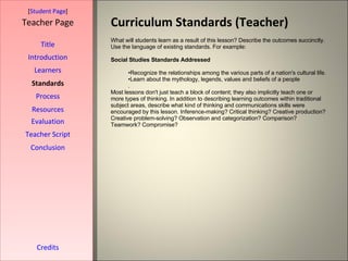Curriculum Standards (Teacher) [ Student Page ] Title Introduction Learners Standards Process Resources Credits Teacher Page What will students learn as a result of this lesson? Describe the outcomes succinctly. Use the language of existing standards. For example: Social Studies Standards Addressed Recognize the relationships among the various parts of a nation's cultural life. Learn about the mythology, legends, values and beliefs of a people . Most lessons don't just teach a block of content; they also implicitly teach one or more types of thinking. In addition to describing learning outcomes within traditional subject areas, describe what kind of thinking and communications skills were encouraged by this lesson. Inference-making? Critical thinking? Creative production? Creative problem-solving? Observation and categorization? Comparison? Teamwork? Compromise? Evaluation Teacher Script Conclusion 