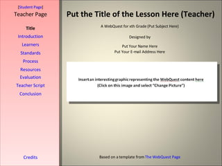Put the Title of the Lesson Here (Teacher) [ Student Page ] Title Introduction Learners Standards Process Resources Credits Teacher Page A WebQuest for xth Grade (Put Subject Here) Designed by Put Your Name Here Put Your E-mail Address Here Based on a template from  The WebQuest Page Evaluation Teacher Script Conclusion 
