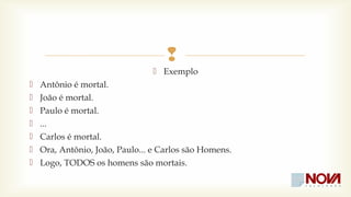  
 Exemplo 
 Antônio é mortal. 
 João é mortal. 
 Paulo é mortal. 
 ... 
 Carlos é mortal. 
 Ora, Antônio, João, Paulo... e Carlos são Homens. 
 Logo, TODOS os homens são mortais. 
 