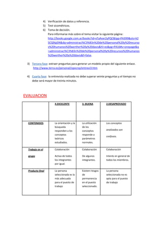 4) Verificación de datos y referencia.
              5) Test sicométricos.
              6) Toma de decisión.
                 Para informarse más sobre el tema visitar la siguiente página:
                 http://books.google.com.ar/books?id=xTaAvxr2yPQC&lpg=PA399&ots=k2
                 SCQ9qjO4&dq=administraci%C3%B3n%20de%20personal%20y%20recurso
                 s%20humanos%20werther%20y%20davis&hl=es&pg=PA16#v=onepage&q
                 =administraci%C3%B3n%20de%20personal%20y%20recursos%20humanos
                 %20werther%20y%20davis&f=false.

 3) Tercera fase: extraer preguntas para generar un modelo propio del siguiente enlace.
     http://www.terra.es/personal/opocnp/entrevi3.htm

 4) Cuarta fase: la entrevista realizada no debe superar veinte preguntas y el tiempo no
    debe será mayor de treinta minutos.




EVALUACION
                       4.EXCELENTE           3.-BUENA           2.DESAPROVADO




  CONTENIDOS           La orientación y la   La utilización     Los conceptos
                       búsqueda              de los
                       responden a los       conceptos          analizados son
                       conceptos             responde a
                                                                confusos.
                       teóricos              parámetros
                       estudiados.           normales.

  Trabajo en el        Colaboración          Colaboración       Colaboración

  grupo                Activa de todos       De algunos         Interés en general de
                       los integrantes       integrantes.       todos los miembros.
                       por igual.

  Producto final       La persona            Existen riesgos    La persona
                       seleccionada es la    de                 seleccionada no es
                       más adecuada          permanencia        apta para el puesto
                       para el puesto de     en el puesto       de trabajo
                       trabajo               seleccionado.
 