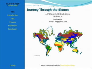 Journey Through the Biomes Student Page Title Introduction Task Process Evaluation Conclusion Credits [ Teacher Page ] A WebQuest for 8th Grade Science Designed by Melissa Ring [email_address] Based on a template from  The  WebQuest  Page 