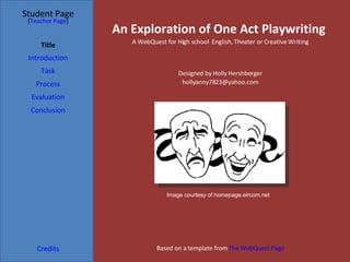 An Exploration of One Act Playwriting Student Page Title Introduction Task Process Evaluation Conclusion Credits [ Teacher Page ] A WebQuest for High school  English, Theater or Creative Writing Designed by Holly Hershberger [email_address] Based on a template from  The WebQuest Page Image courtesy of homepage.eircom.net 