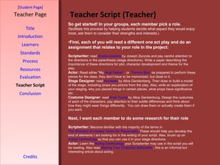 Teacher Script (Teacher) [ Student Page ] Title Introduction Learners Standards Process Resources Credits Teacher Page Evaluation Teacher Script Conclusion So get started! In your groups, each member pick a role.  (facilitate this process by helping students decide what aspect they would enjoy most, ask them to consider their strengths and interests.) First, each of you will read a different one act play and do an assignment that relates to your role in the project: Scriptwriter:  read  Scuba Lessons  by Joseph Zeccola and pay careful attention to the directions in the parenthesis (stage directions). Write a paper describing the importance of these directions for plot, character development and theme for the play.  Actor:  Read either "My  Real Father”  , or  “Tommy Boy”  be prepared to perform these pieces for the class, they don’t have to be memorized, but close to it.  Stage Designer :  read  Fourteen  by Alice Gerstenberg. Then draw or build a model of the stage, including props you picture from the play. Also, write an explanation of your staging, why you placed things in certain places, what props have significance etc.  Costume Designer :  read  Ever Young  by Alice Gerstenburg. Design the costumes of each of the characters, pay attention to their subtle differences and think about how they might wear things differently.  You can draw them or actually create them if you want.  Next, I want each member to do some research for their role Scriptwriter:  Become familiar with the majority of the terms in  The Glossary of Literary Terms for Playwrights.  These should help you develop the kind of elements I am looking for in the writing of your script. Also, brush up on  Acting Terminology  so that you can use it in your stage directions.  Actor:  Learn the  Acting Terminology  your Scriptwriter may use in the script you will be reading. Also read  Making Your Character Believable  , this is an informal but interesting article about acting.  