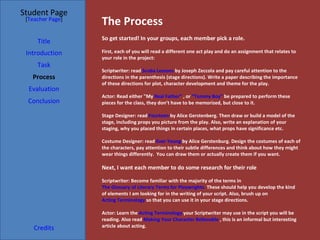 The Process Student Page Title Introduction Task Process Evaluation Conclusion Credits [ Teacher Page ] So get started! In your groups, each member pick a role.  First, each of you will read a different one act play and do an assignment that relates to your role in the project: Scriptwriter: read  Scuba Lessons  by Joseph Zeccola and pay careful attention to the directions in the parenthesis (stage directions). Write a paper describing the importance of these directions for plot, character development and theme for the play.  Actor: Read either "My  Real Father”  , or  “Tommy Boy”  be prepared to perform these pieces for the class, they don’t have to be memorized, but close to it.  Stage Designer: read  Fourteen  by Alice Gerstenberg. Then draw or build a model of the stage, including props you picture from the play. Also, write an explanation of your staging, why you placed things in certain places, what props have significance etc.  Costume Designer: read  Ever Young  by Alice Gerstenburg. Design the costumes of each of the characters, pay attention to their subtle differences and think about how they might wear things differently.  You can draw them or actually create them if you want.  Next, I want each member to do some research for their role Scriptwriter: Become familiar with the majority of the terms in  The Glossary of Literary Terms for Playwrights.  These should help you develop the kind of elements I am looking for in the writing of your script. Also, brush up on  Acting Terminology  so that you can use it in your stage directions.  Actor: Learn the  Acting Terminology  your Scriptwriter may use in the script you will be reading. Also read  Making Your Character Believable  , this is an informal but interesting article about acting.  
