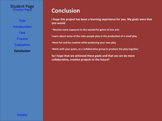 Conclusion   Student Page Title Introduction Task Process Evaluation Conclusion Credits [ Teacher Page ] I hope this project has been a learning experience for you. My goals were that you would   Receive some exposure to the wonderful genre of one acts Learn about some of the roles people play in the production of a small play Have fun and be creative while producing your own play Work with your peers, as a collaborative group to produce the play together So I hope that we achieved these goals and that we can do more collaborative, creative projects in the future! 