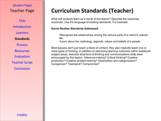 Curriculum Standards (Teacher) [ Student Page ] Title Introduction Learners Standards Process Resources Credits Teacher Page What will students learn as a result of this lesson? Describe the outcomes succinctly. Use the language of existing standards. For example: Social Studies Standards Addressed Recognize the relationships among the various parts of a nation's cultural life. Learn about the mythology, legends, values and beliefs of a people . Most lessons don't just teach a block of content; they also implicitly teach one or more types of thinking. In addition to describing learning outcomes within traditional subject areas, describe what kind of thinking and communications skills were encouraged by this lesson. Inference-making? Critical thinking? Creative production? Creative problem-solving? Observation and categorization? Comparison? Teamwork? Compromise? Evaluation Teacher Script Conclusion 