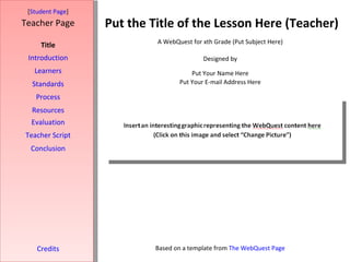 Put the Title of the Lesson Here (Teacher) [ Student Page ] Title Introduction Learners Standards Process Resources Credits Teacher Page A WebQuest for xth Grade (Put Subject Here) Designed by Put Your Name Here Put Your E-mail Address Here Based on a template from  The WebQuest Page Evaluation Teacher Script Conclusion 