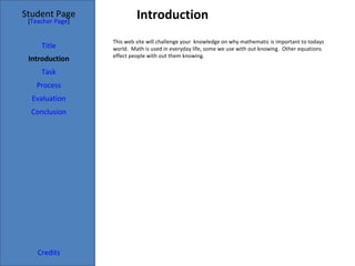 Introduction Student Page Title Introduction Task Process Evaluation Conclusion Credits [ Teacher Page ] This web site will challenge your  knowledge on why mathematic is important to todays world.  Math is used in everyday life, some we use with out knowing.  Other equations effect people with out them knowing.  