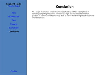 Conclusion  Student Page Title Introduction Task Process Evaluation Conclusion Credits [ Teacher Page ] Put a couple of sentences here that summarize what they will have accomplished or learned by completing this activity or lesson. You might also include some rhetorical questions or additional links to encourage them to extend their thinking into other content beyond this lesson. 