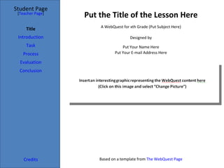 Put the Title of the Lesson Here Student Page Title Introduction Task Process Evaluation Conclusion Credits [ Teacher Page ] A WebQuest for xth Grade (Put Subject Here) Designed by Put Your Name Here Put Your E-mail Address Here Based on a template from  The WebQuest Page 