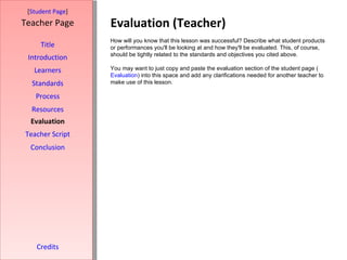 Evaluation (Teacher) [ Student Page ] Title Introduction Learners Standards Process Resources Credits Teacher Page How will you know that this lesson was successful? Describe what student products or performances you'll be looking at and how they'll be evaluated. This, of course, should be tightly related to the standards and objectives you cited above. You may want to just copy and paste the evaluation section of the student page ( Evaluation ) into this space and add any clarifications needed for another teacher to make use of this lesson. Evaluation Teacher Script Conclusion 
