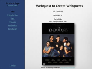 Student Page
 [Teacher Page]
                  Webquest to Create Webquests
     Title                        For Educators

 Introduction                      Designed by
     Task                          Rachel Ake
   Process                    rea18@zips.uakron.edu

  Evaluation
  Conclusion




    Credits
                    Based on a template from The WebQuest Page
 