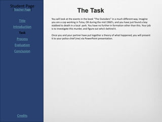 Student Page
 [Teacher Page]
                                         The Task
                  You will look at the events in the book “The Outsiders” in a much different way. Imagine
     Title        you are a cop working in Tulsa, OK during the mid 1960’s, and you have just found a boy
                  stabbed to death in a local park. You have no further in formation other than this. Your job
 Introduction     is to investigate this murder, and figure out who’s behind it.
     Task
                  Once you and your partner have put together a theory of what happened, you will present
   Process        it to your police chief (me) via PowerPoint presentation.

  Evaluation
  Conclusion




    Credits
 