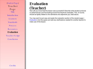 Evaluation (Teacher) [ Student Page ] Title Introduction Learners Standards Process Resources Credits Teacher Page How wil...