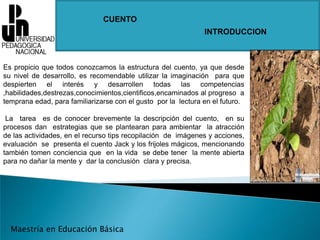 CUENTOINTRODUCCIONEs propicio que todos conozcamos la estructura del cuento, ya que desde su nivel de desarrollo, es recomendable utilizar la imaginación  para que despierten el interés y desarrollen todas las competencias ,habilidades,destrezas,conocimientos,cientificos,encaminados al progreso  a temprana edad, para familiarizarse con el gusto  por la  lectura en el futuro.  La  tarea  es de conocer brevemente la descripción del cuento,  en su  procesos dan  estrategias que se plantearan para ambientar  la atracción  de las actividades, en el recurso tips recopilación  de  imágenes y acciones, evaluación  se  presenta el cuento Jack y los frijoles mágicos, mencionando también tomen conciencia que  en la vida  se debe tener  la mente abierta para no dañar la mente y  dar la conclusión  clara y precisa.  Maestría en Educación Básica