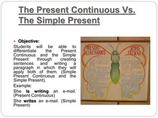 The Present Continuous Vs.
The Simple Present
 Objective:
Students will be able to
differentiate the Present
Continuous and the Simple
Present through creating
sentences and writing a
paragraph in which they will
apply both of them. (Simple
Present Continuous and the
Simple Present).
Example:
She is writing an e-mail.
(Present Continuous)
She writes an e-mail. (Simple
Present)
 