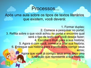Processos...
Após uma aula sobre os tipos de textos literários
         que existem, você deverá:

                                            1. Formar duplas;
                            2. Comece a pesquisar no portal;
3. Reflita sobre o que você achou no portal e encontre qual
                  será o tipo de texto que você deseja fazer;
                       4. Escolha o título para a sua história;
           5. Agora é com você, comece a criar sua história;
    6. Entregue sua história para a professora corrigir seus
                                                        erros;
          7. Agora que você já corrigiu seus erros, faça uma
                    ilustração que represente a sua história.
 