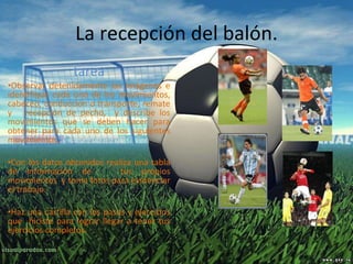 La recepción del balón. tarea Observar detenidamente las imágenes e identifique cada uno de los movimientos, cabeceo, conducción o transporte, remate y  recepción de pecho,  y describe los movimientos que se deben hacer para obtener para cada uno de los siguientes movimientos.  Con los datos obtenidos realiza una tabla de información de  tus propios movimientos  y toma fotos para evidenciar el trabajo. Haz una cartilla con los pasos y ejercicios que  hiciste para lograr llegar a tener tus ejercicios completos. 